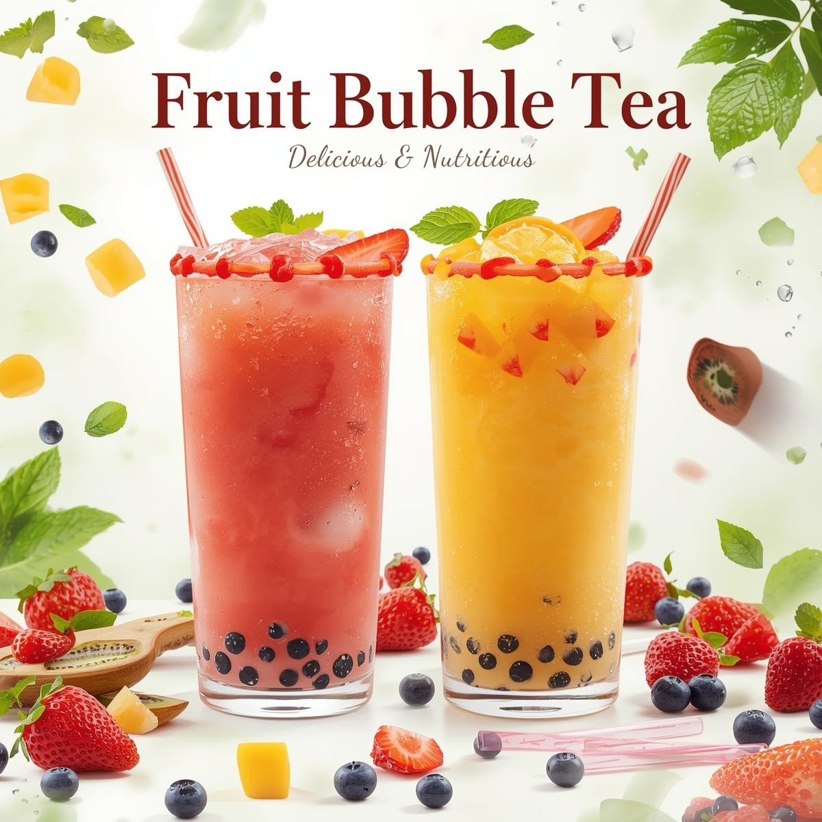 Nutritious fruit bubble tea drinks with vitamin-rich mango and strawberry, served with popping boba and fresh fruit garnish